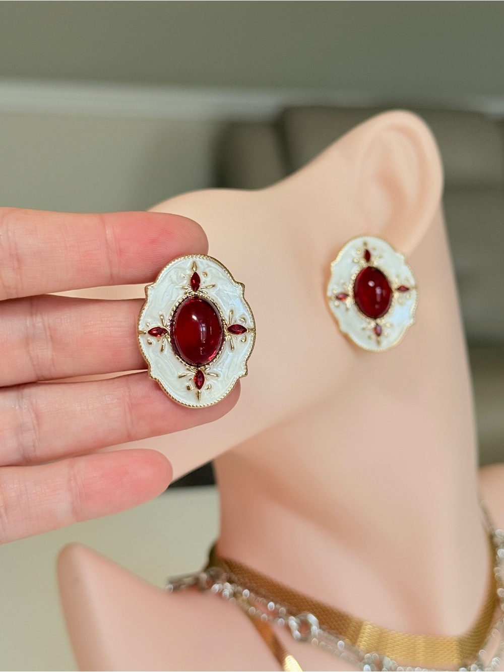Vintage-Inspired Red and White Cabochon Earrings